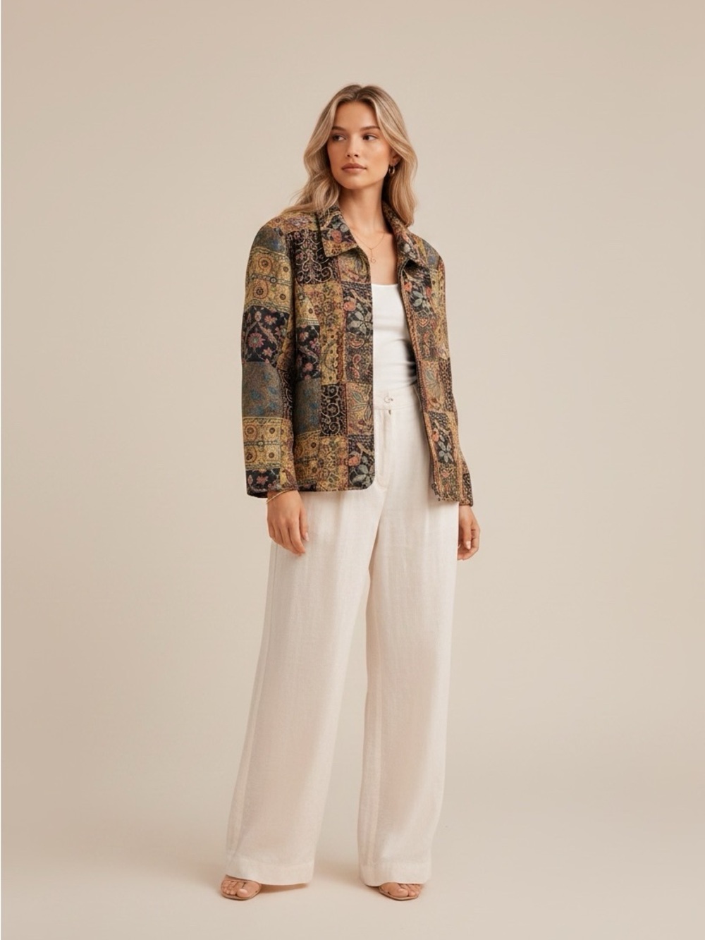 Diamonds & Pearls Patchwork Tapestry Jacket Floral Zip Front M